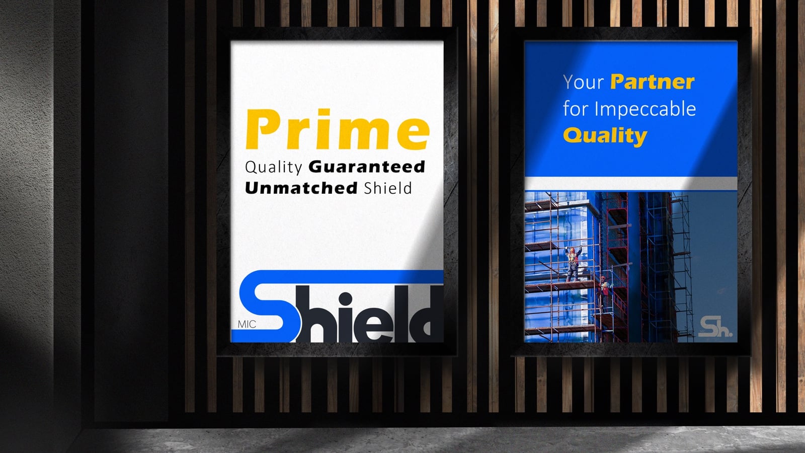 Shield paired vertical banners in framed indoor display