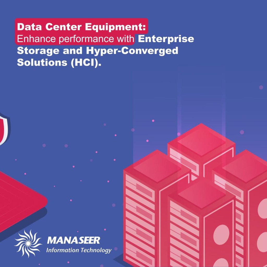 Al Manaseer Information Technology - 1:1 carousel (4 slides): comprehensive IT solutions (isometric key visual); end-to-end security stack (SIEM, SOC, SOAR, DLP, EDR, XDR, NDR); data center enterprise storage & HCI; network infrastructure (switching, routing, civil work) - bilingual headlines on navy with magenta brand accents. - Slide 3 of 4